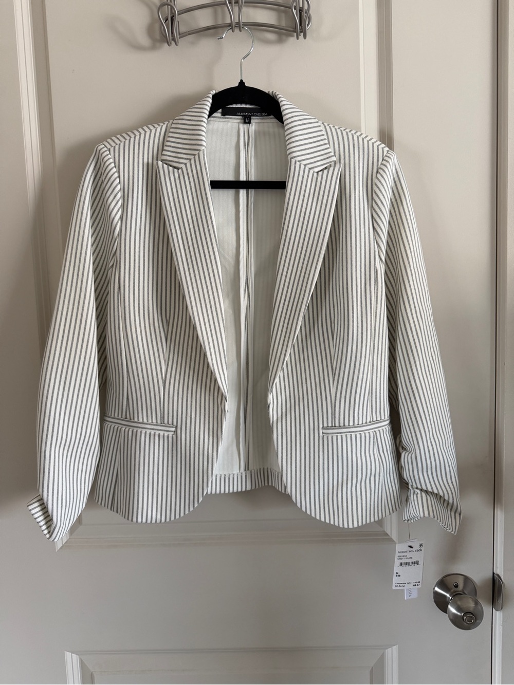 Amanda & Chelsea White Blazer with Gray Pinstripes